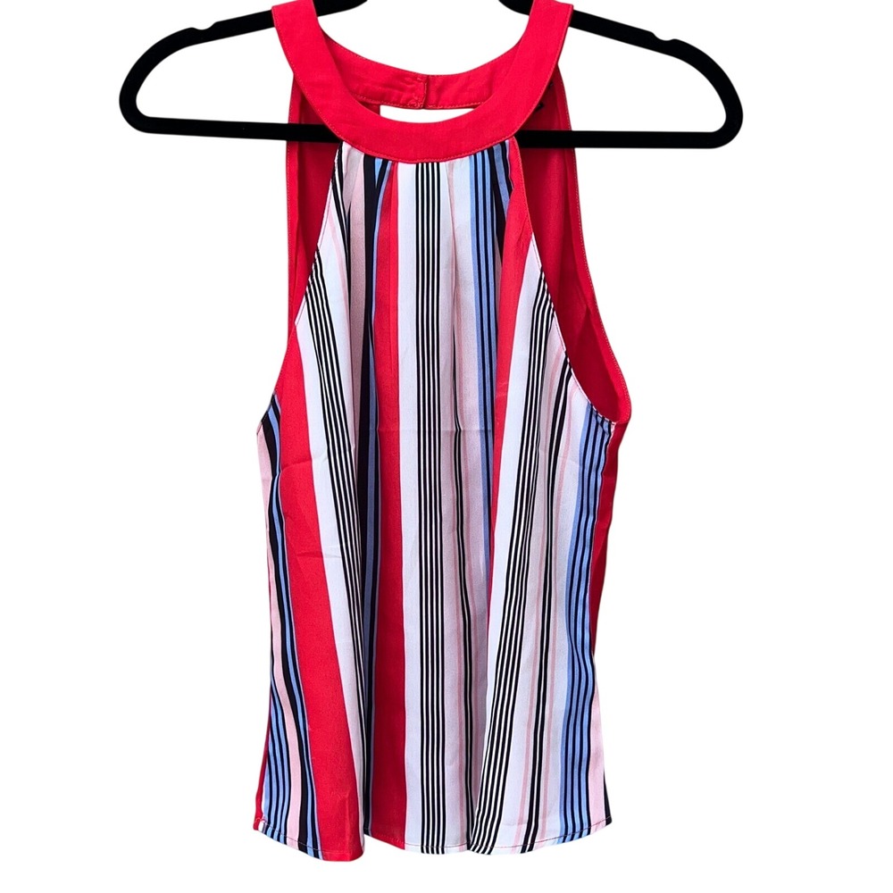 Milk & Honey Red Striped Halter Neck Keyhole Back Sleeveless Blouse Medium EUC